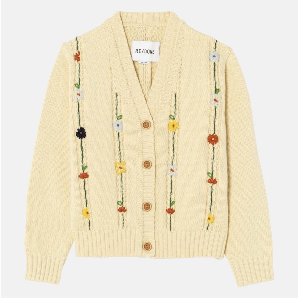 Re/Done Cream Floral Embroidered Cardigan